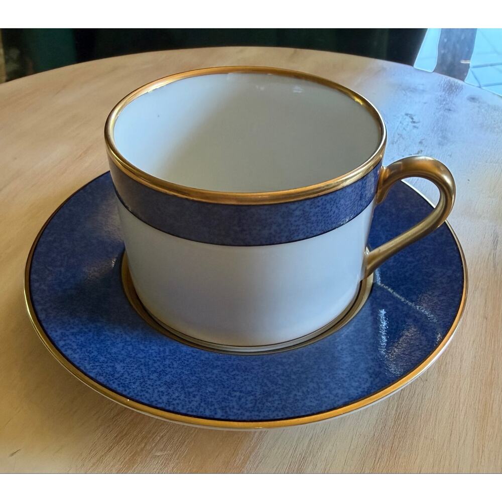 Fitz and Floyd Renaissance Mouchetee Cerulean Blue Cup and Saucer Set